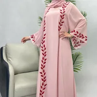Women Muslim Long Loose Maxi Dress Middle East Dubai Turkey Fashion Chiffon Pink Crew Neck Embroidered Long Abaya Robe