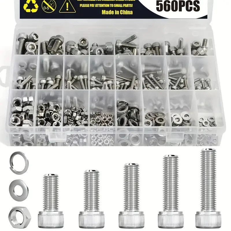 560 M3 M4 M5 M6 hexagon bolt kit 304 stainless steel cup head hexagon bolt, nut, washer sorting kit