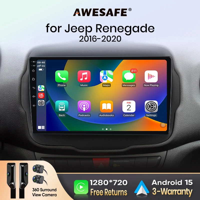 AWESAFE CarPlay inalámbrico Android Auto para Jeep Renegade 2016-2020, radio para coche, reproductor multimedia, estéreo, Wi-Fi, navegación GPS, 2 Din, autorradio, sistemas inteligentes para coche, 1280*720 IPS, unidad principal, FM, RDS, DSP, SWC, BT, Plug and Play, ISO 1