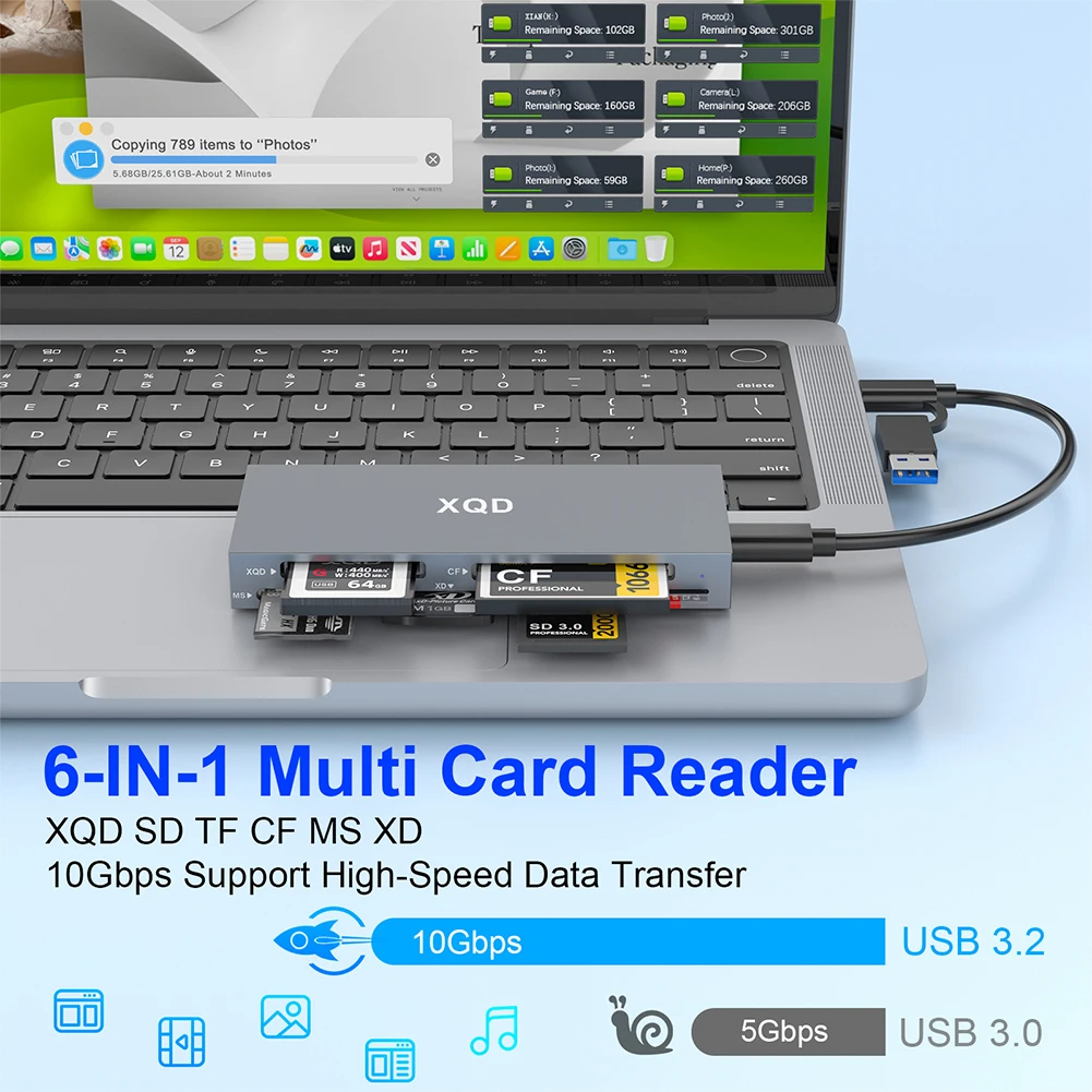 G/M 시리즈용 올인원 메모리 카드 리더, USB C 3.0, XQD, SD, TF, MS, XD, CF 리더, 메모리 카드 어댑터, 6 in 1