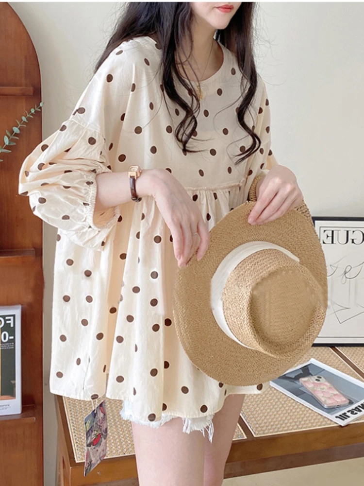 Korean Style Summer O-Neck Half Sleeve Maternity Polk Dot Shirts Plus Size Pregnant Woman Cotton Linen Blouses Pregnancy Clothes