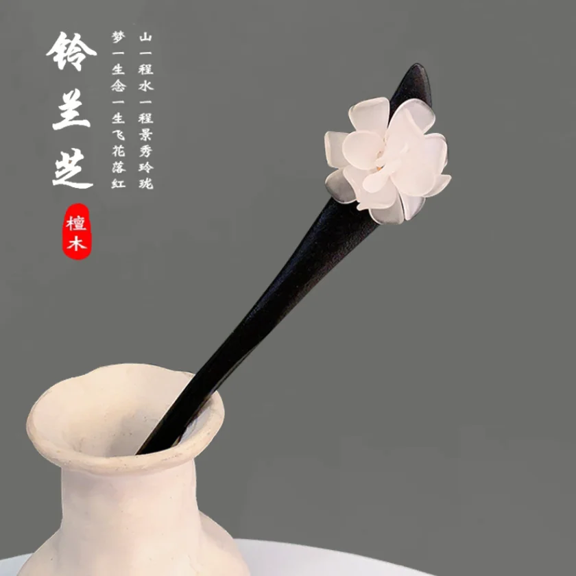 Retro Rote Blumen-Holzhaarnadel für Frauen 2025 Neujahr Hanfu Perlen Quaste Haarspange Chinesischer Stil Haargabel Hanfu Accessoires – Detail 8