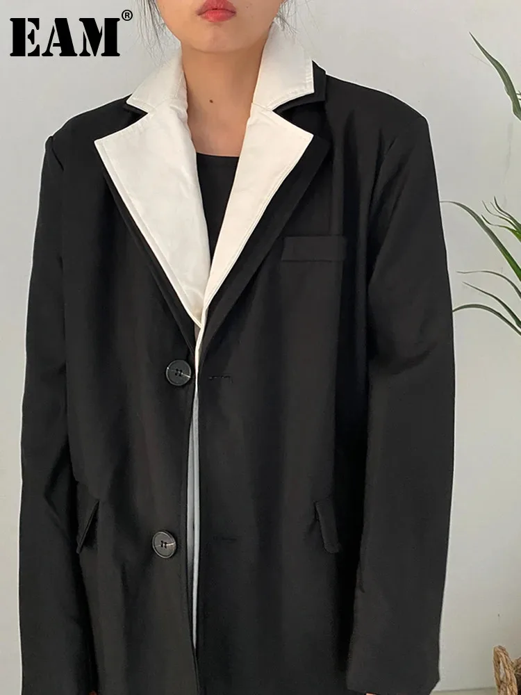 

[EAM] Women Black Color-block Big Size Blazer New Lapel Long Sleeve Loose Fit Jacket Fashion Tide Spring Autumn 2024 1DF2525