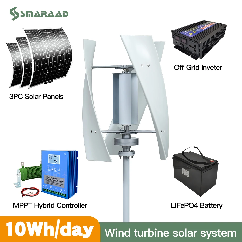 수직 축 풍력 터빈 대체 에너지 발전기, 2000W, 48V, 220V AC 출력, 배터리 시스템 포함, 10KWh