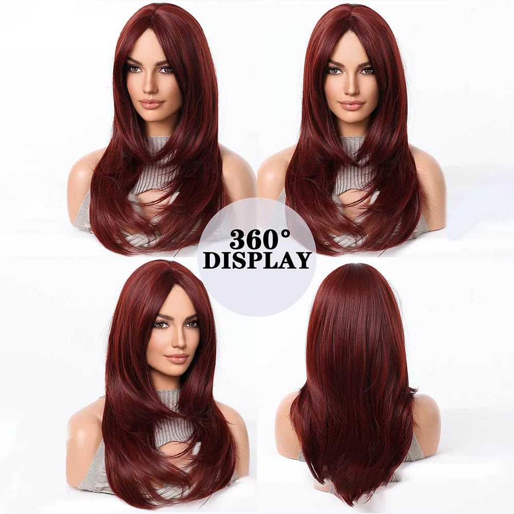 Reddish Brown Synthetic Wig Natural Layered Hair Wigs for Women Daily Party Cosplay Wig Medium Long Straight Hair Heat Resistant 2