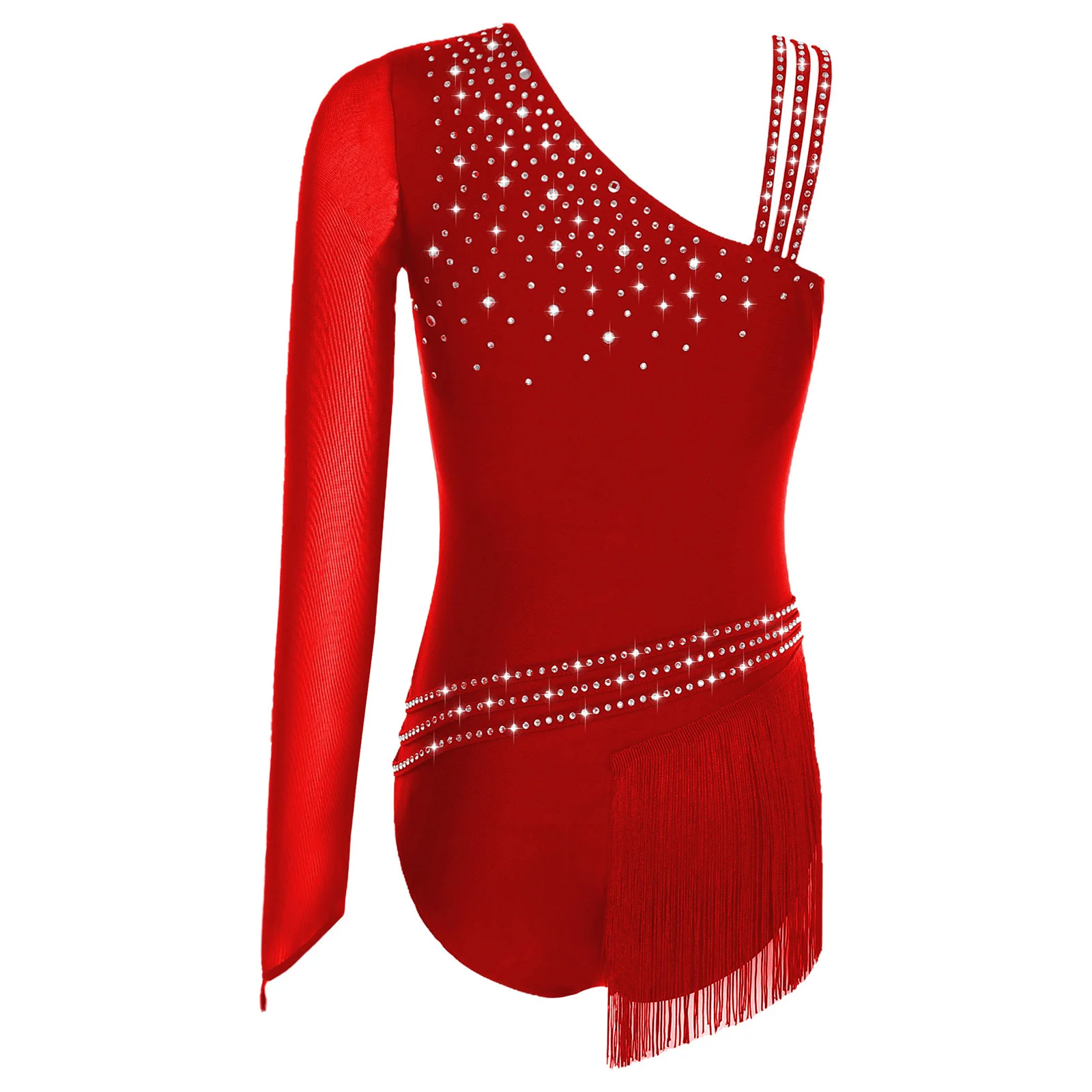 Damen Latin Tango Quaste Tanz Performance Kostüm Glitzer Strass Gymnastik Eiskunstlauf Ballett Trikot Kleid Tanzbekleidung – Detail 31