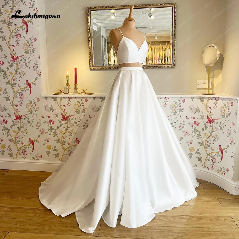 TwoPiecesCivilBridalDressSatinBacklessWeddingGowns2023VintageSpaghettiStrapsWedding