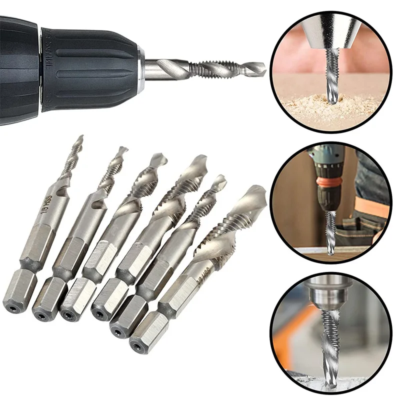 

6Pcs Combination Drill Taps Bit Set 1/4” Hex Shank Screw Tapping 6 Sizes Metric Thread M3 M4 M5 M6 M8 M10 Spiral Flute Tapping