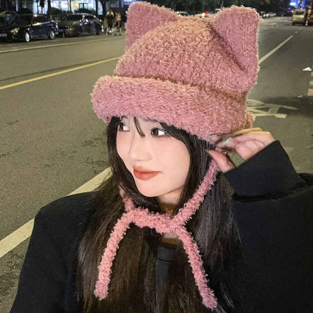 

Japanese Niche Knitted Cap Fashion Long Strap Y2K Hip-hop Cap Autumn Bear Ear Ear Protection Hat Girl