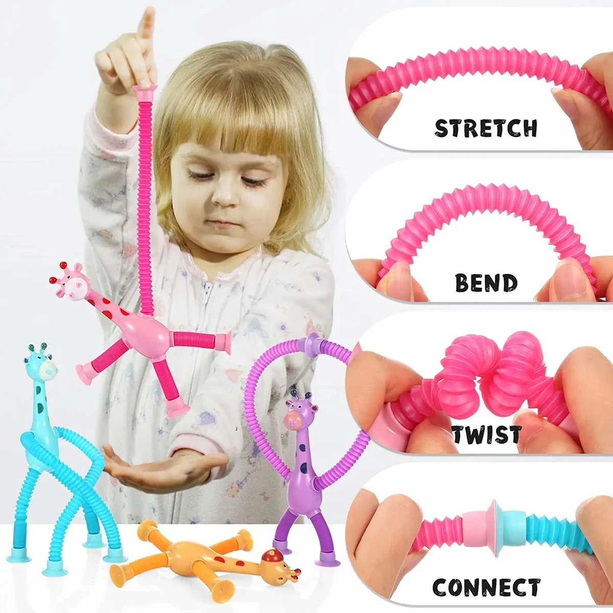 Fidget Toys 4PCS Telescopic Suction Cup Giraffe Toy Pop Tubes Shape Changing Tubes Sensory Toys Funny Gift for Kids Boys Girls