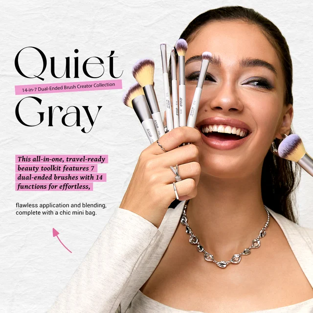 Jessup Makeup Brushes Set 3/7pcs Dual Ended Synthetic Foundation Blush Highlight Blending Eyebrow Brush with Bag,Quiet Gray T520