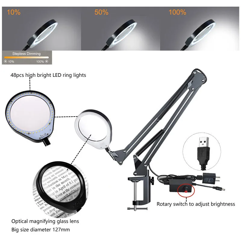 USB Clamp 10X 20X Led Lights Magnifier Magnifying Glass 48pcs Table Lamp Lupa Foldable Reading Repairing Watching PCB Tools