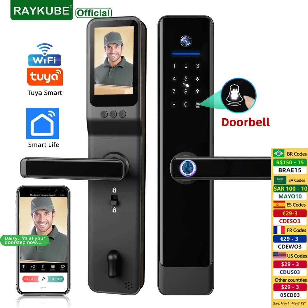 RAYKUBE 투야 와이파이 카메라 문짝 잠금 전자 잠금 화면, 투야/스마트라이프 앱 원격 잠금 해제 화상 통화, E908F