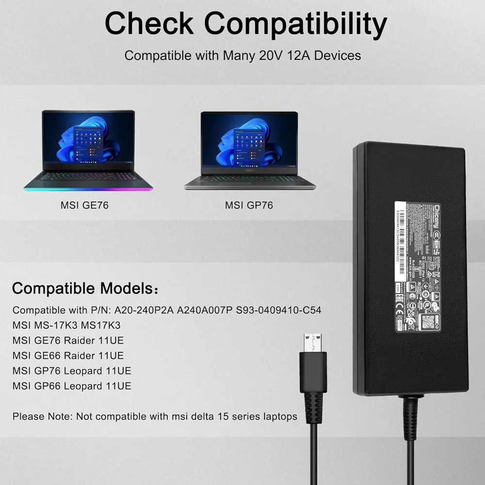 240W USB Tip Charger for MSI GE76 GE66 GP76 GP66 GS77 MS-17K3 A20-240P2A A240A007P S93-0409410-C54 (Not Work MSI Delta 15 Series power adapter laptop charger