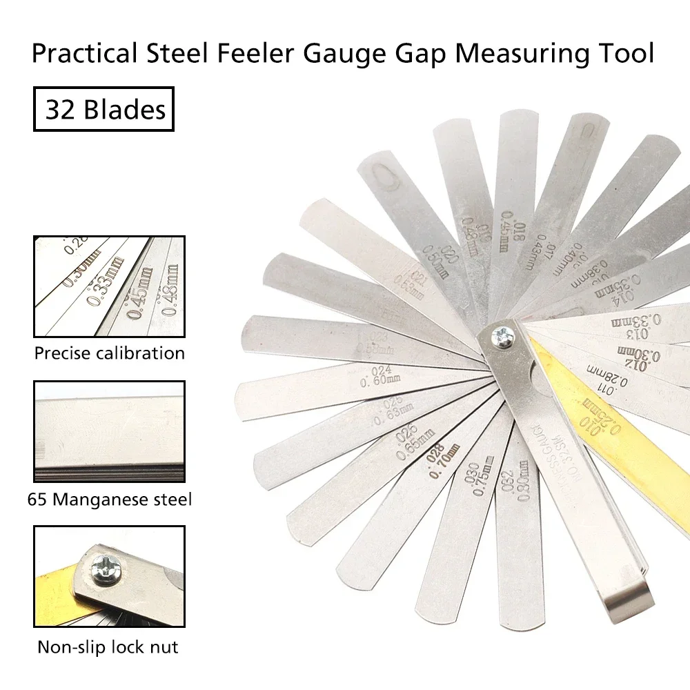 32 Blades Steel Feeler Gauge Set 0.04-0.88mm Dual Marked Metric & Imperial Measuring Tool