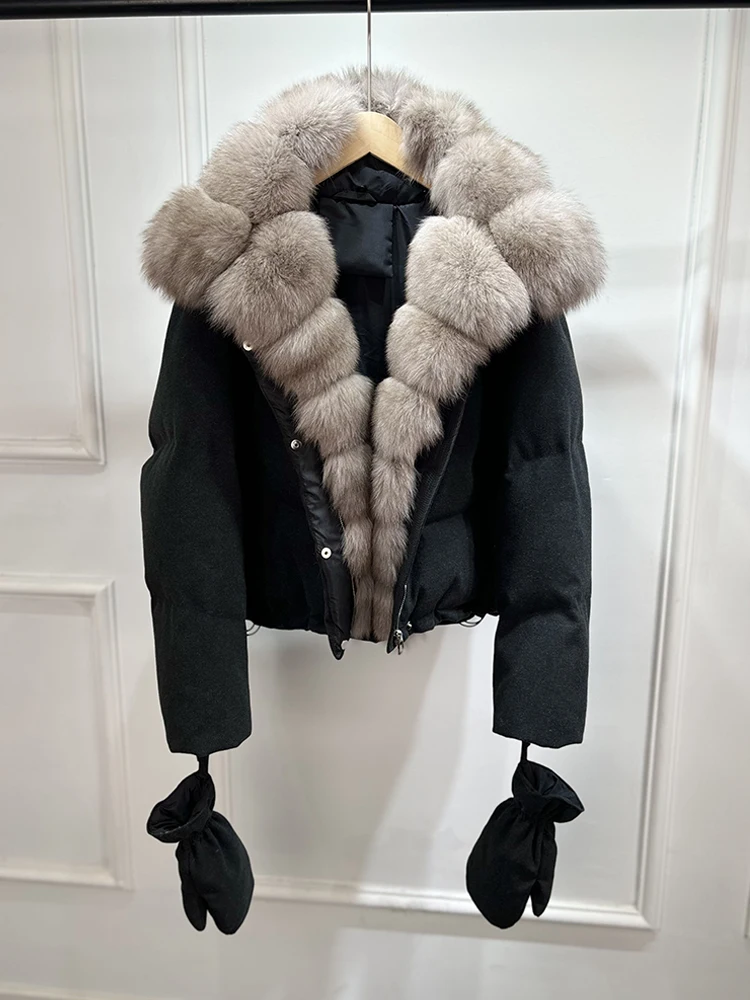 2026 Luxury Winter 90% White Duck Down Wool Blends Jacket Women Real Natural Huge Fox Fur Thickened Warm Puffer Wool Down Coat