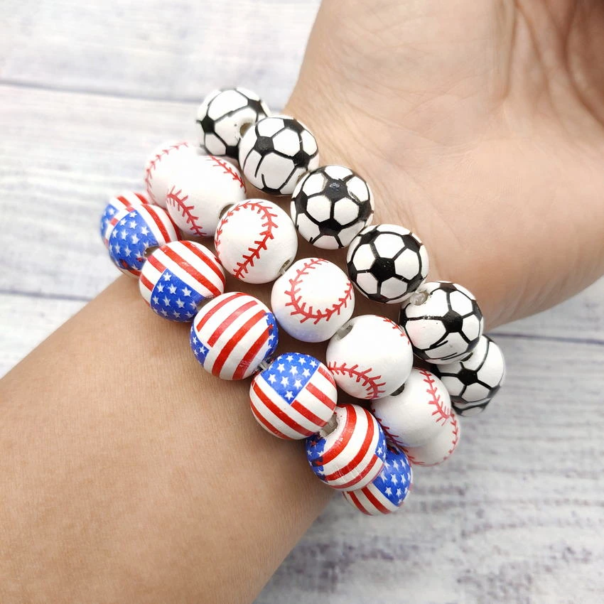 Pulseras de béisbol con cuentas de madera para mujer, brazaletes elásticos cuentas de madera, bandera americana/voleibol/Tenis, pulseras deportivas, regalos para mamá| |