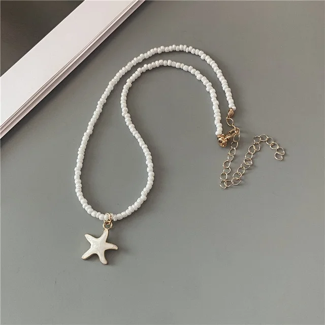 4 Colors Fashion Starfish Choker Necklace for Men Women White Black Blue Colorful Rice Beads Gift for Friend  Short Collar 4
