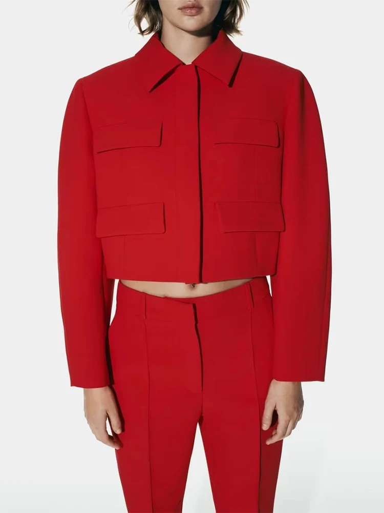 

TRAF Fashion Woman Red Jackets Pants Sets 2023 Autumn Female Casual Pockets Jackets Coats Ladies Chic Single Breasted Outerwear