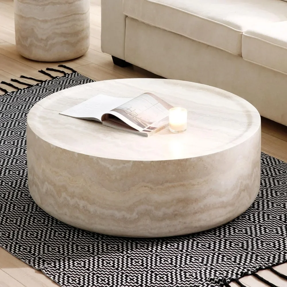 39.37” Round Coffee Table ,Travertine Textured Tables Fiberglass Center Side Tables for Living Room Office, Coffee Table