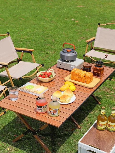 Outdoor Folding Long Table Egg Roll Portable Storage Wood Grain Camping Desk Beach Fishing Hiking Picnic Tourist Plate Table