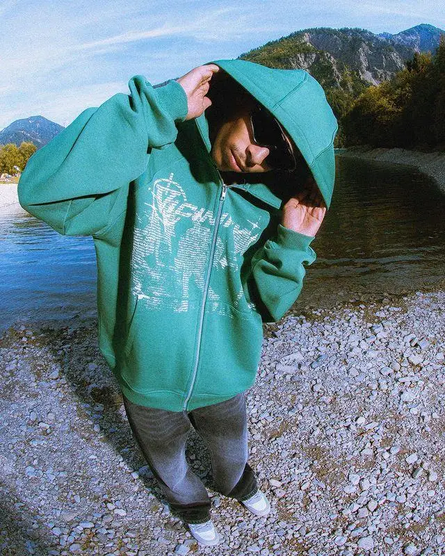 New Harajuku y2k hiphop hoodie man oversize sweatshirt women Anime printed Streetwear Long Sleeve loose green Zip up Hoodie man
