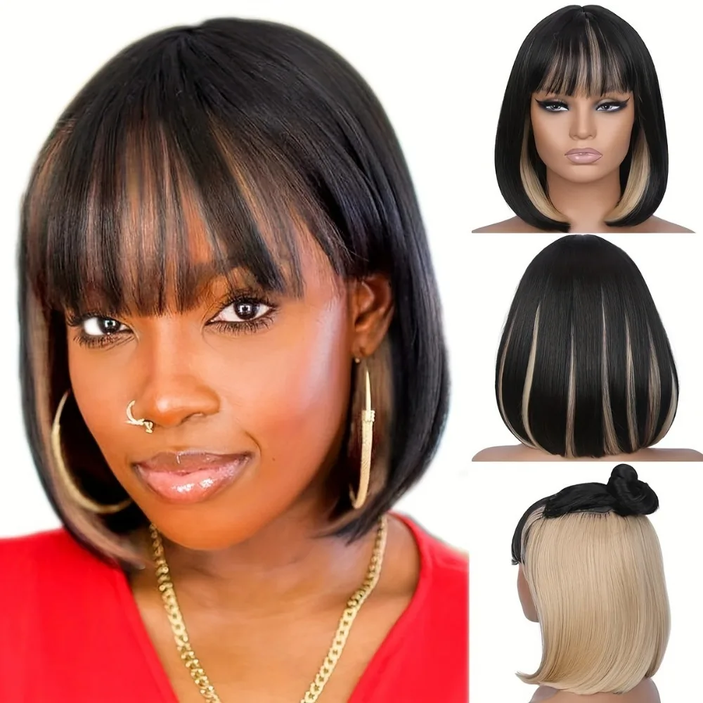 

Synthetic Wig Highlights Blonde Short Bob Wig with bangs 12 inch Straight Bob Bangs Wig for Women Natural Looking for Daily Use
