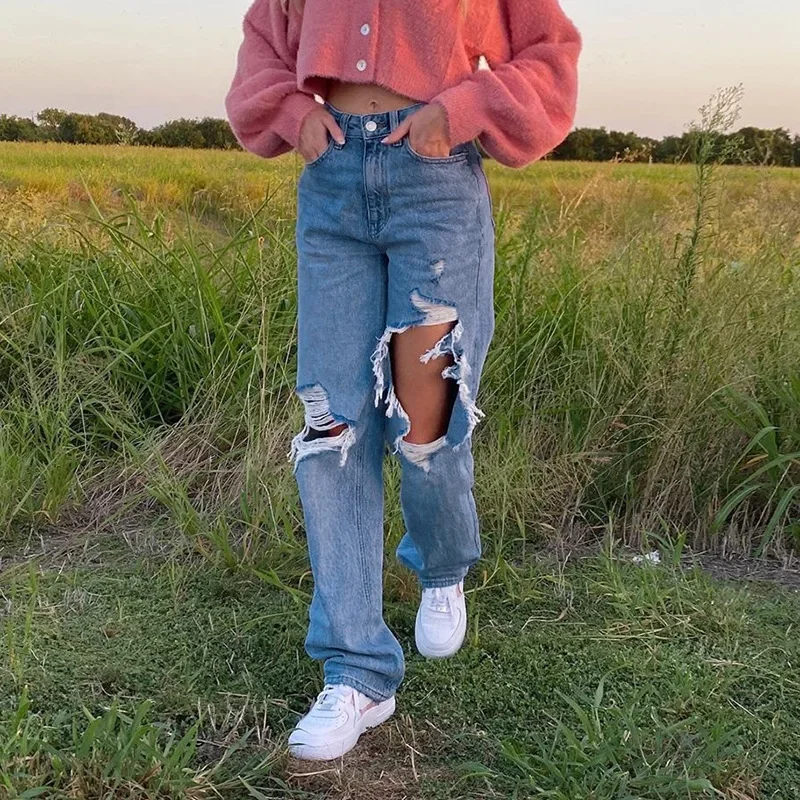 Fall Women High Waist Ripped Hole Jeans Pants Female Casual Baggy Denim Pants All-Match Streetwear Straight Jeans Fashion 2023