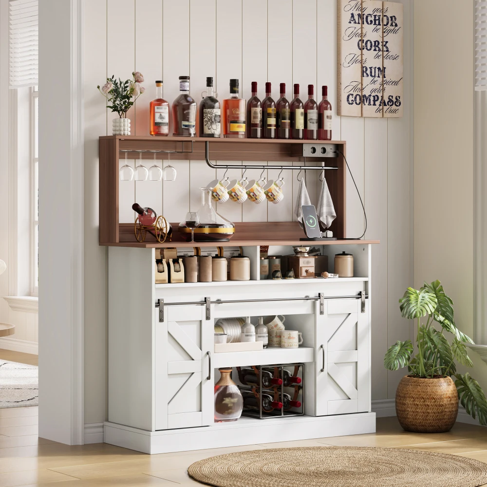 Landhausstil Kaffee-Bar Sideboard mit Glashalter 2 AC+2 USB-Anschlüsse Schiebetüren Stauraum Platzsparende Hausbar-Möbel – Detail 18