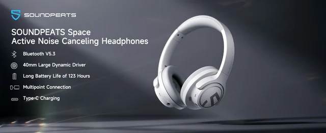 SoundPEATS Space Headphones Bluetooth 5.3 Hybrid Active Noise Cancelling  Wireless Headphone,123H Play,Mic,Multipoint Connection - AliExpress