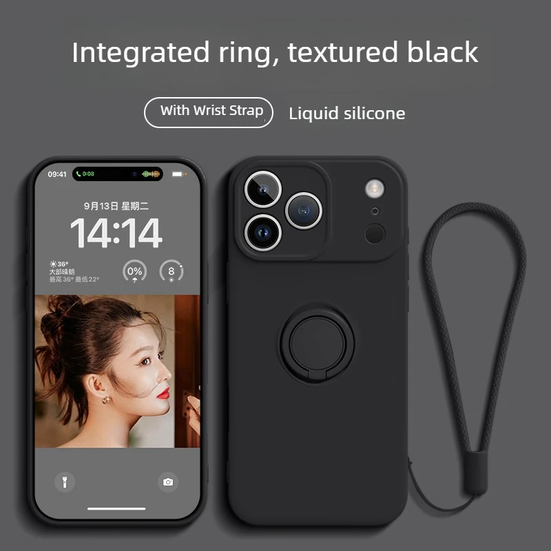 Liquid Silicone Phone Case with Ring Holder, Wrist Strap, and Shockproof Protection