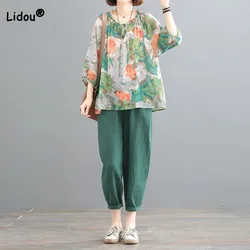 Women's Printed Vintage Casual Two Piece Set Summer Fashion Lace Up Round Neck Loose Tops Female Clothing Cropped Pants Sets