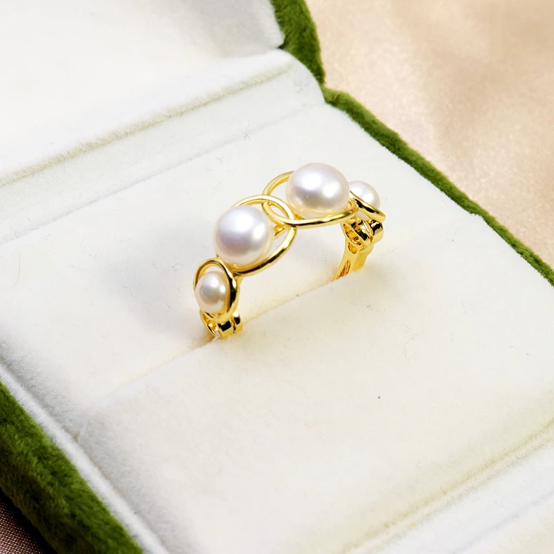 MULICHEN 4-6mm Multiple Freshwater Pearl Decoration Fashion Ring For Women 14K Gold Plated Open Ring Jewelry Wholesale