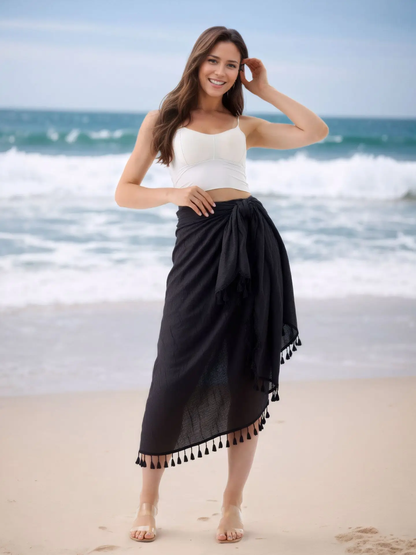 Women's Sexy Sheer Tassel Trim Knot Side Bikini Cover Ups Beachwear Sarongs Beach Wrap Quick-drying Chiffon Bikini Cover-Ups 6
