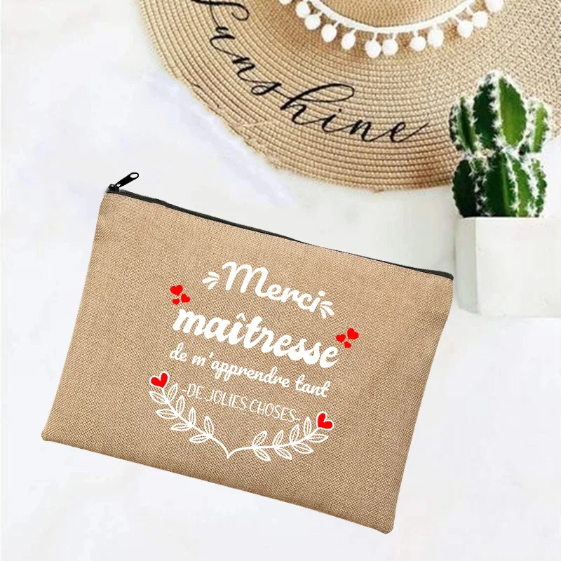 Linen Makeup Bags Thank You Teacher French Print Simple Wristlet Clutch Bag Beach Stationery Storage Travel Organizer Case Gifts 3