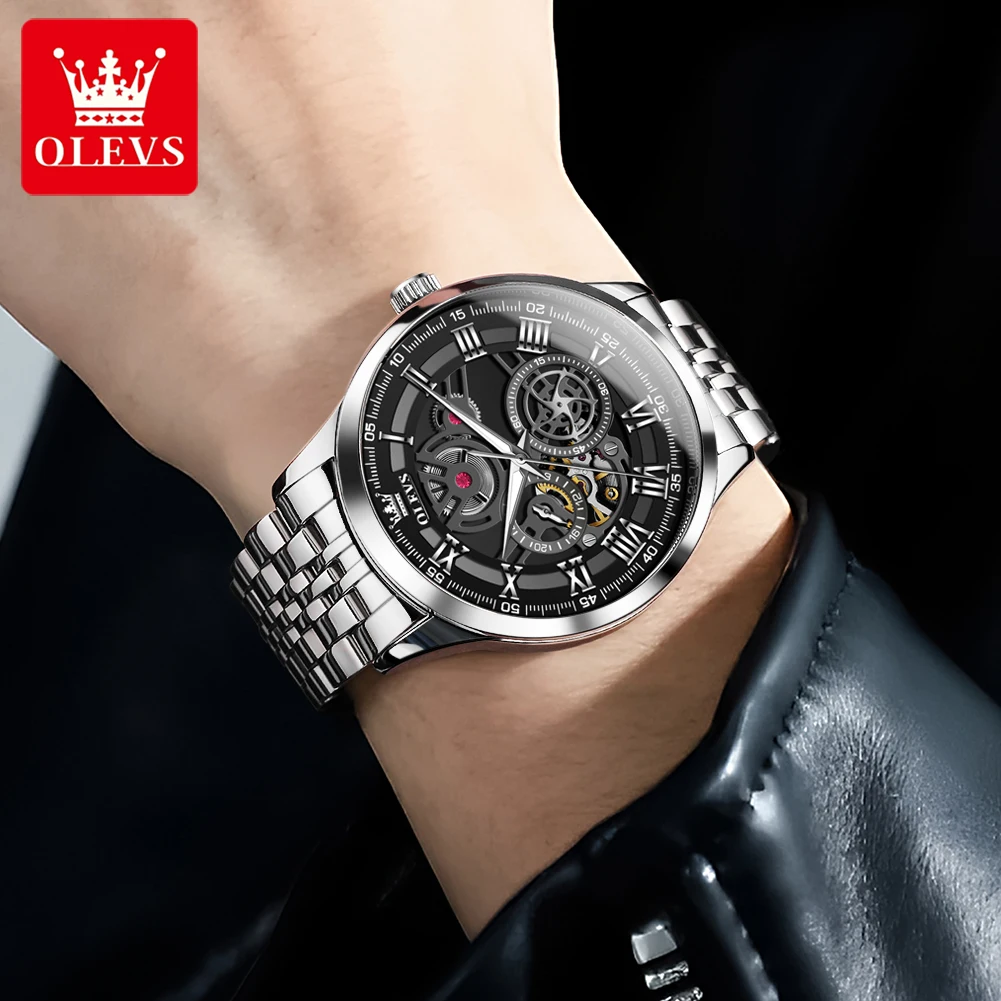 OLEVS 7076 Men's Watch Automatic Mechanical Watch For Men Top Brand 30M Waterproof Luminous Roman Scale Hollow Male Wristwatch