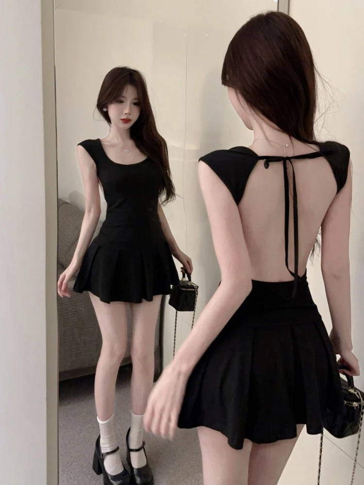 

Сексуальное черное платье HOUZHOU с открытой спиной, женские летние тонкие плиссированные мини-платья, Повседневная однотонная Клубная одежда, уличная одежда, корейская мода