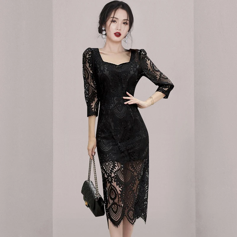 

Korean New 2023 Spring Summer Women Temperament Bodycon Square Collar Three Quarter Lace Chic Hollow Casual Party Vestidos