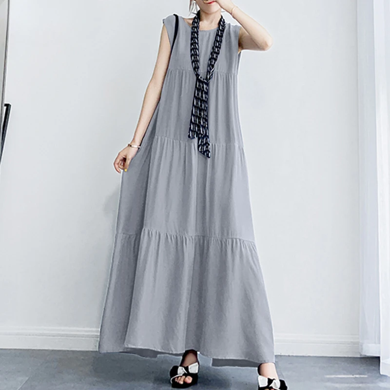 

ZANZEA 2024 Stylish Women's Ruffle Sundress Solid Summer Dress Casual Sleeveless Maxi Vestidos Female O Neck Robe Oversized