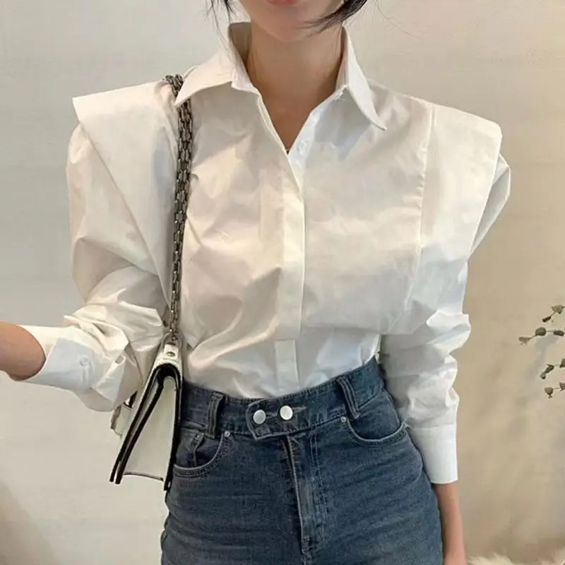 

Korean Spring Vintage Women Simplicity Lapel Collar Hidden Buckle Patchwork Ruffles Loose Long Sleeved Solid Color Casual Tops