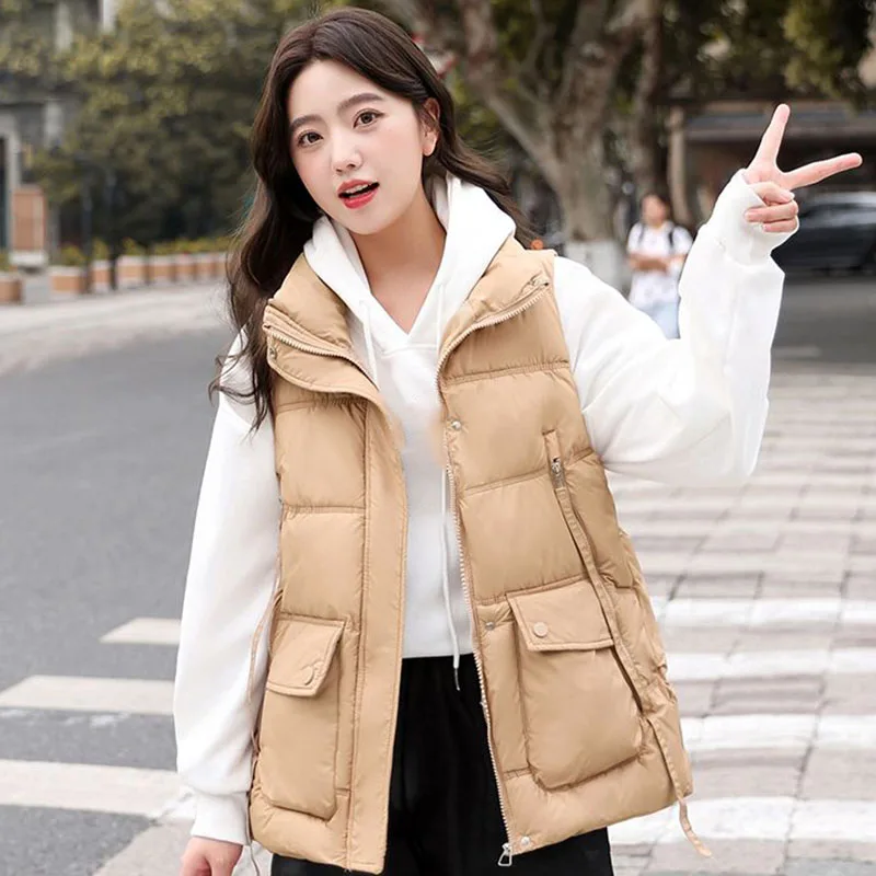 

Winter Women Warm Cotton Short Vests Elegant Fashion Simplicity Korean Bread Jacket Female Casual Thicken Sleeveless Coat