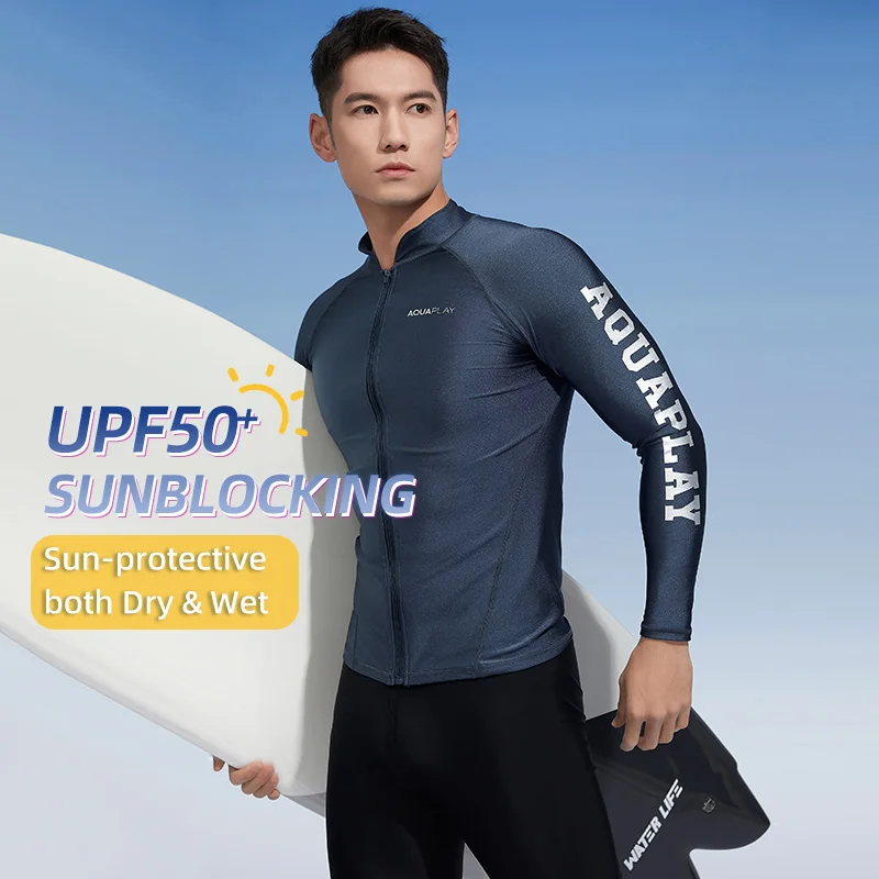 AquaPlay Men&lsquo;s Rash Guard Surfing Diving Swimwear Full Zipper Long Sleeve Suit Swimming Surf Clothing Outdoor Sport Fitness