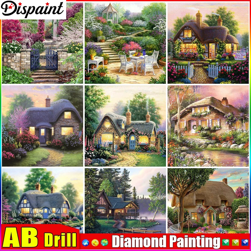 

Dispaint AB Art 5D Diy Diamond Painting "House Tree Flower" Diamond Pictures Cross Stitch 3D Rhinestone Embroidery Decor