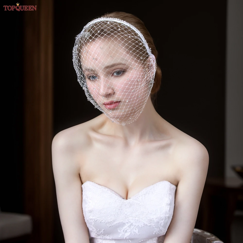 

TOPQUEEN VA09 Wedding Face Veil Russian Tulle Cage Veil with Rhinestones Simple Detachable Blusher Veil Bridal Birdcage Veil