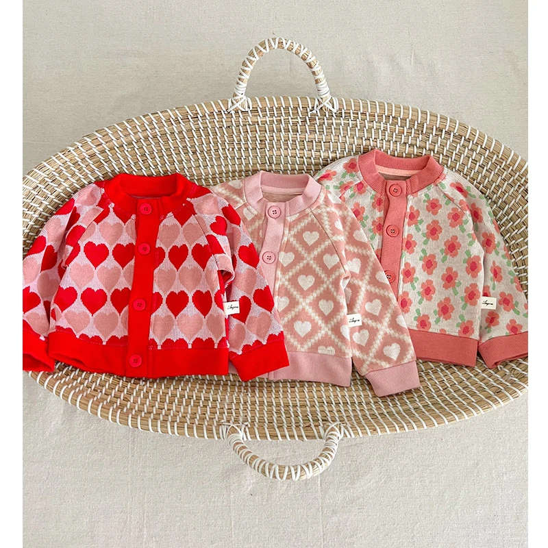 FOCUSNORM 2 Colors Baby Girl Cardigan Sweater 0-24M Long Sleeve Button Closure Heart Knit Warm Coat Clothes for Valentines Day