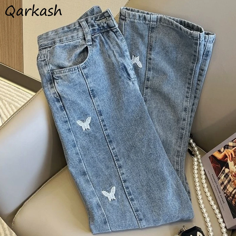

Embroidery Jeans for Women Fashion All-match Simple Korean Style Leisure Female High Waist Straight Chic Students Patchwork Ins