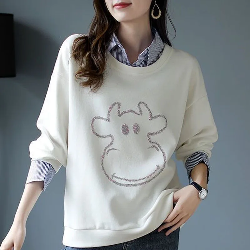 New Spring and Autumn Fashion Loose Fashion Fake Two Piece Splice Shirt Collar Versatile Long Sleeve Temperament Women's Sweater