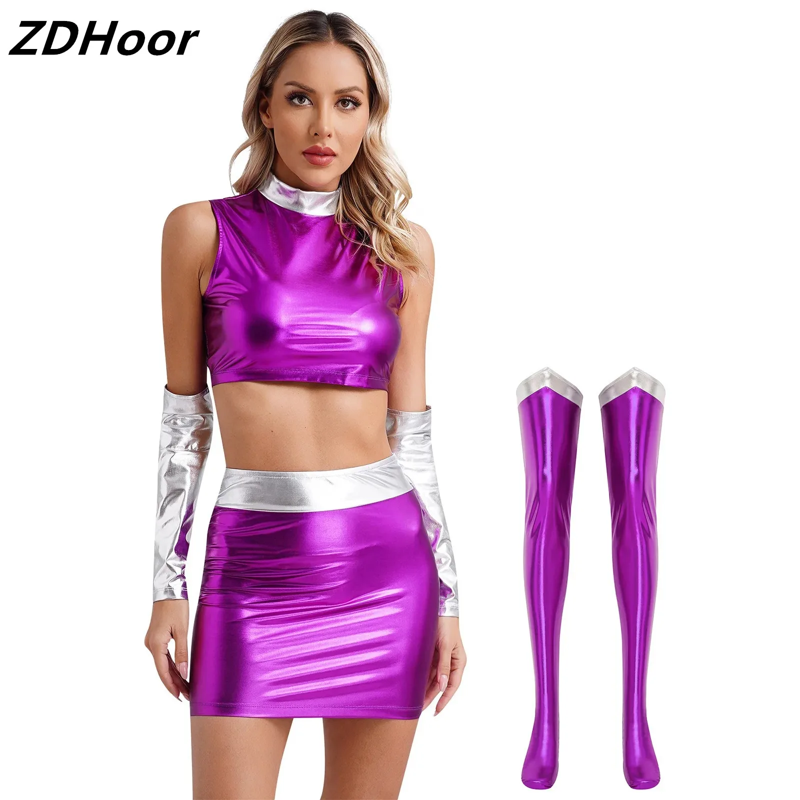 

Womens Cosplay Costumes Outfit Space Themed Sleeveless Crop Top Sleeves Bodycon Skirt And Thigh High Stockings Halloween
