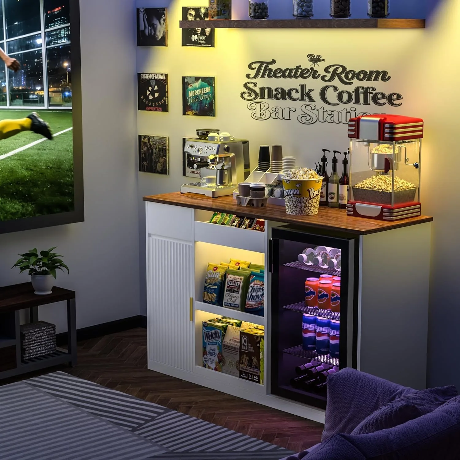 Snack Bar Cabinet with Fridge Space Storage and Display Shelf for Home Theater or Game Room 51 Inch White image 4