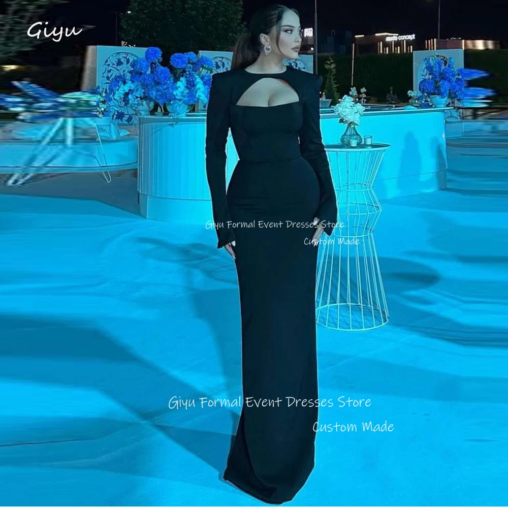 

Giyu Simple Black Evening Dresses Dubai Arabic Women Long Sleeves O-neck Sheath Formal Occasion Pary Dress Plain Floor Length